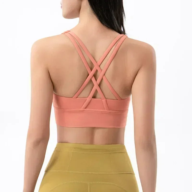 Yoga New Double-sided Sanding Cross Back Sports Bra Shockproof Gathered Yoga Bra Fitness.