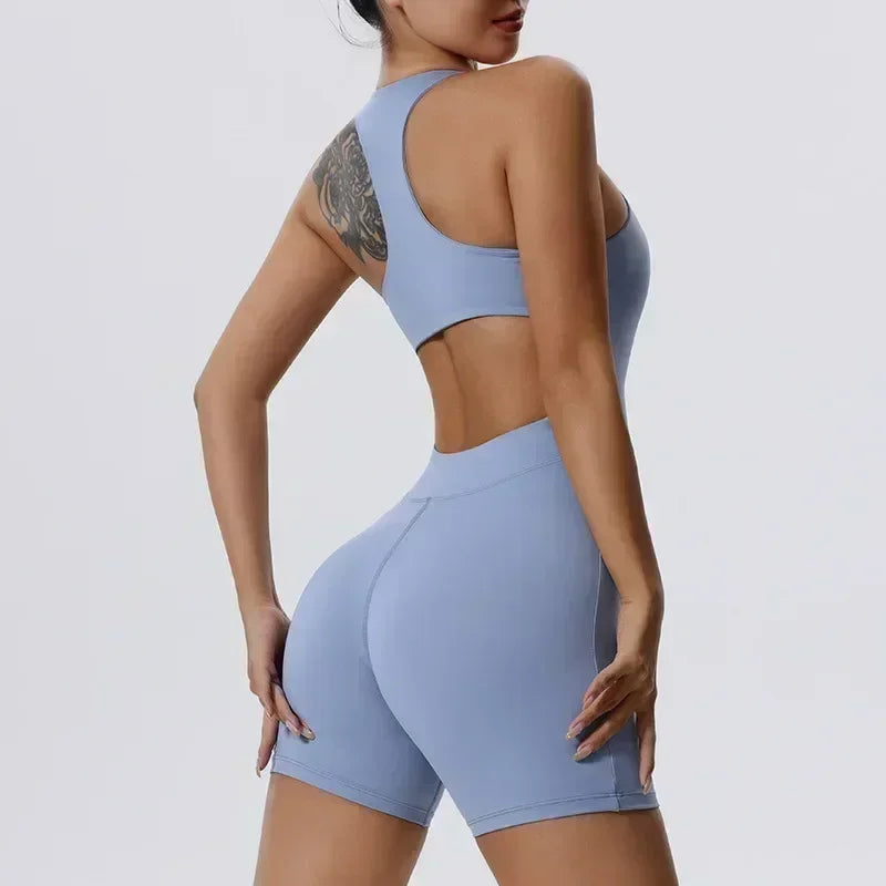 Zipper Yoga Jumpsuit Female Bra Dance Fitness Clothes Shorts Tight Breathable Sports Jumpsuit