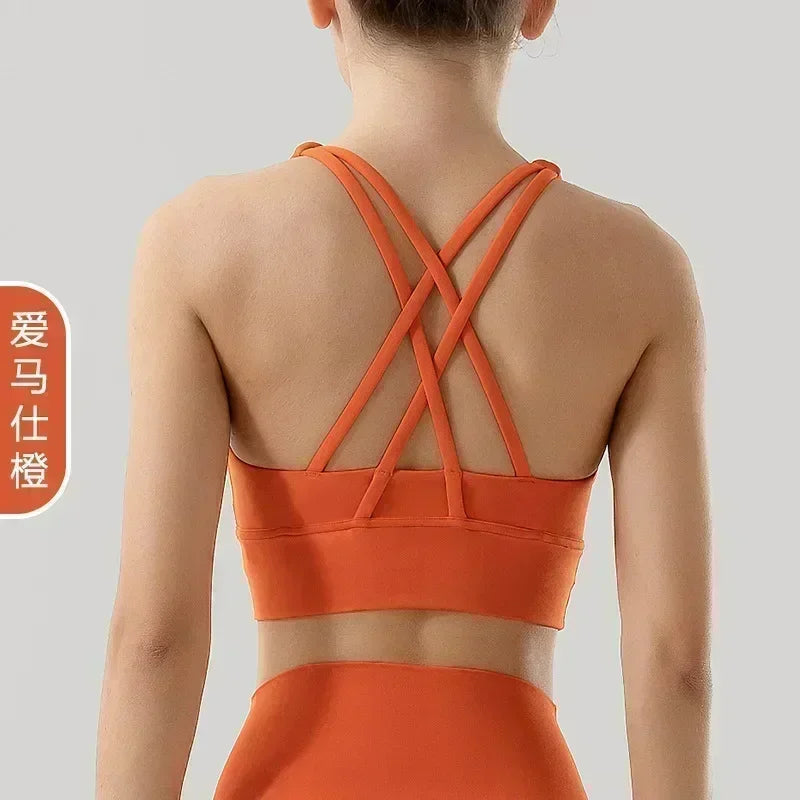 Yoga New Double-sided Sanding Cross Back Sports Bra Shockproof Gathered Yoga Bra Fitness.